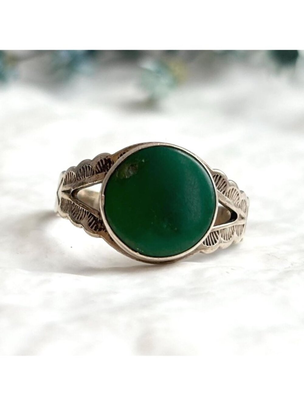 Green Turquoise Cabochon Inlaid Sterling Silver 925 Vintage Ring - sz 5.25